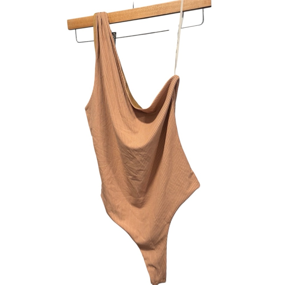 Lulus One Shoulder Brown Tan Bodysuit, Size Large NWT